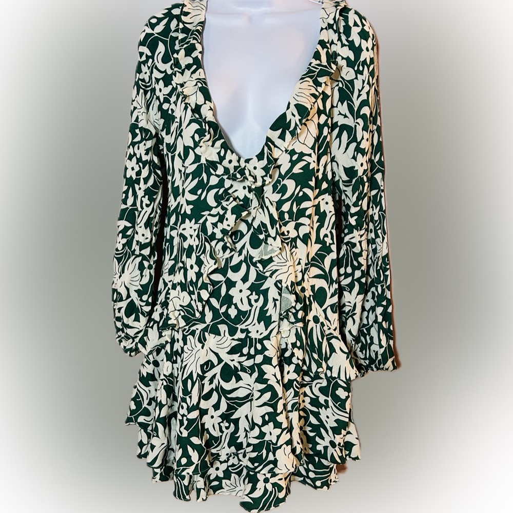 Free People Green and White Long Sleeve Sundress - Picture 2 of 7